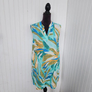 Rachel Zoe Blue Green 100% Linen Women Sleeveless Shift Dress Pullover Pockets M